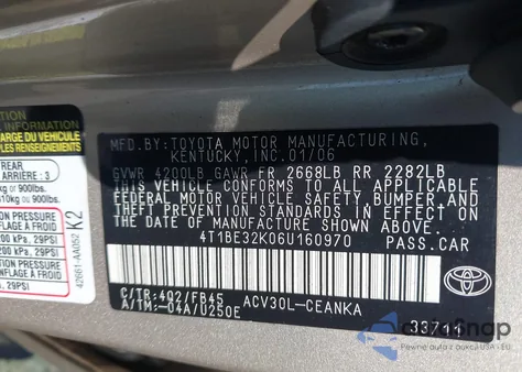 2006 Toyota Camry Le from USA, damaged, VIN 4T1BE32K06U160970